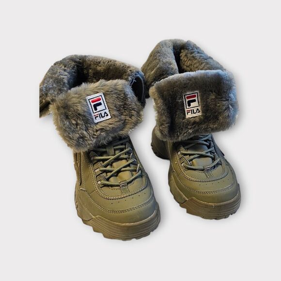 FILA Disruptor Comfy Shearling Boot Olive Green Leather Fur 9.5 Mens - Picture 2 of 16